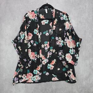 Xhilaration Black Floral Sheer Boho Flowy Beach Swim Cover Up Duster Kimono L/XL